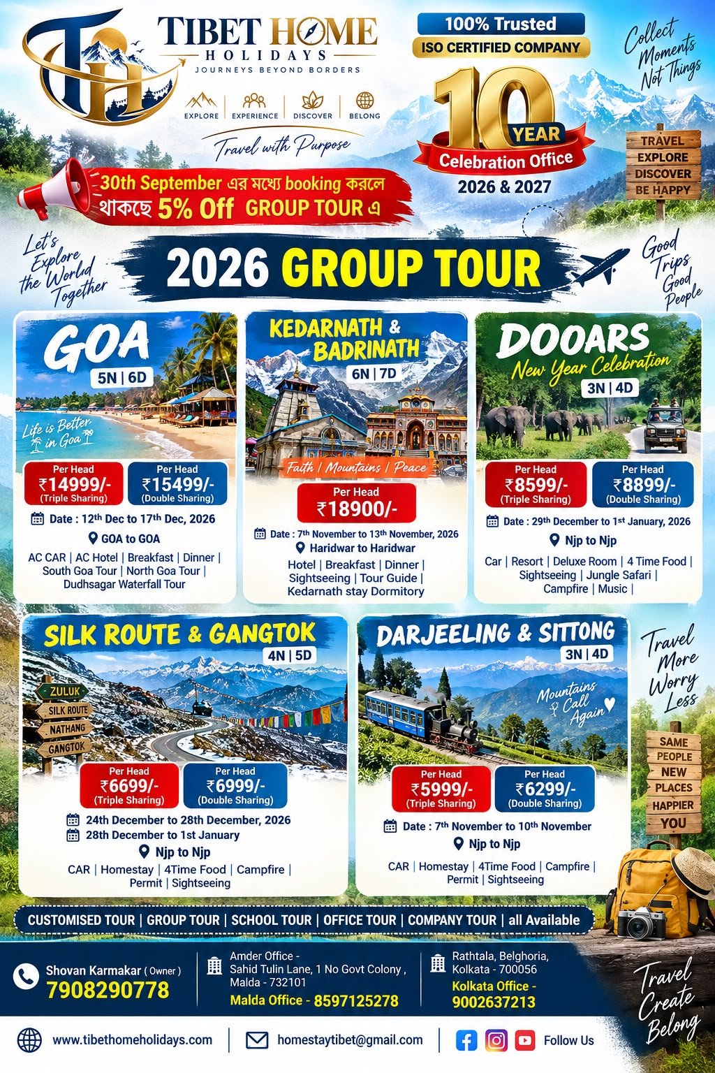 GOA,DOOARS,KEDARNATH & BADRINATH,SILK ROUTE & GANGTOK,DAEJEELING & SITTONG